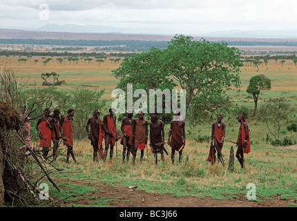 Gruppo di undici Guerrieri Maasai Moran Morani in piena abito tradizionale Riserva Nazionale di Masai Mara Kenya Africa Foto Stock