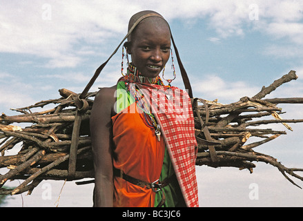 Ritratto di donna Masai bundle di trasporto della legna da ardere HEADLOAD Masai Mara riserva nazionale del Kenya Africa orientale Foto Stock