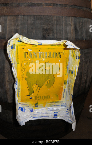 Stencil a mettere birreria Cantillon il nome e il logo sulla botte di legno. Foto Stock