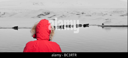 Giovane ragazza in parka guarnizioni in background, Jokulsarlon, Breidamerkurjokull Glacier, Islanda Foto Stock