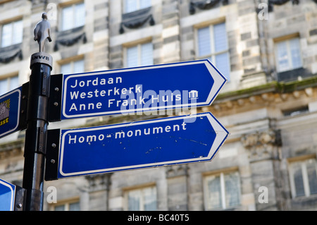 Indicazioni per il quartiere Jordaan, Westerkerk, Anne Frank Huis House e omo-monumento Foto Stock