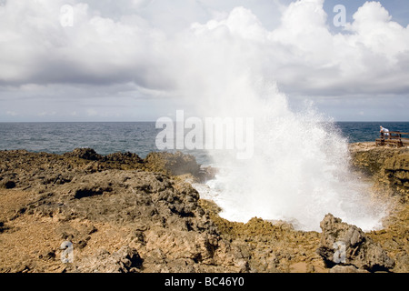 Oceano onde che si infrangono sulla costa rocciosa di Curacao parco nazionale di Sheta Boca Boca pistola Curacao Foto Stock