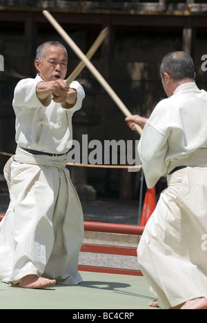 Due uomini sparring con dei bastoni di legno in una formazione swordsmanship esercizio chiamato kenjutsu durante un arti marziali dimostrazione Foto Stock