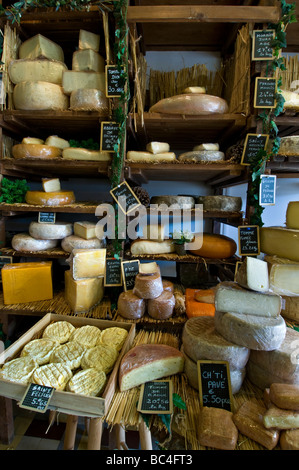 Selezione di formaggi di produzione artigianale sul display in l'artigiano fromagerie negozio di formaggi " Caseus' Montreuil sur Mer Francia Foto Stock