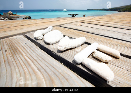 "L'amore", scritto di coralli su un molo sull'isola dei Caraibi Curacao nelle Antille olandesi. Mare blu è visibile. Foto Stock