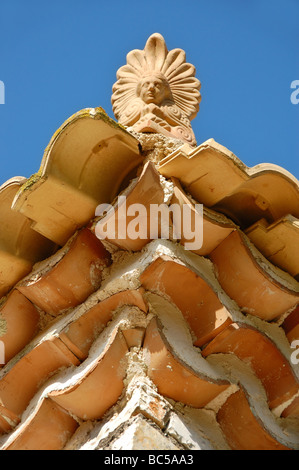 Antefissa in ceramica decorazione sul tetto di una casa in Grecia. Dettagli architettonici. Foto Stock