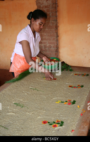 Madagascar donna fare carta nella Carta Antaimoro Fabbrica, Ambalavao, Madagascar Foto Stock