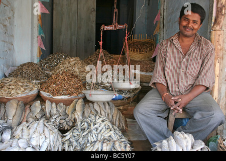 Pesci secchi venditore sul suo mercato in stallo Sunakhala, Orissa, India Foto Stock