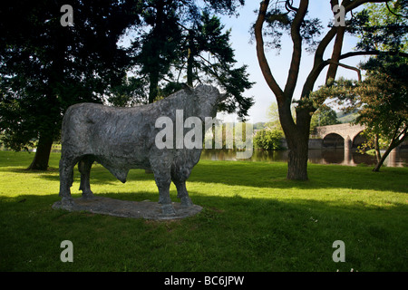 Statua di Caerynwch Tynysog 6th, campione Welsh Black Bull sorge nei pressi del ponte ad arco sul fiume Wye a Builth Wells Foto Stock