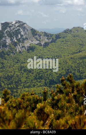 Vista di Risnjak picco e rifugio di montagna Schlosserov dom nel Parco Nazionale di Risnjak parte del Gorski kotar in Croazia, Europa Foto Stock