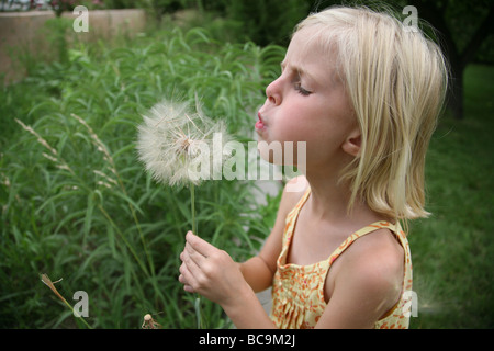 Giovane ragazza che soffia sul fiore di dente di leone Foto Stock