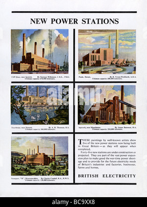 1951 advertment per elettricità britannica che mostra nuove centrali elettriche a carbone a Ipswich, Poole, Staythorpe, Agecroft, Stourport Foto Stock