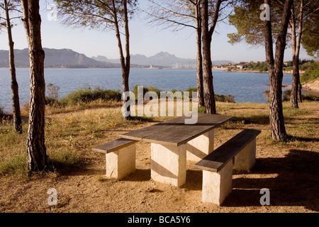 Panchine per picnic sotto gli alberi di mare a Cannigione, Sardegna Foto Stock