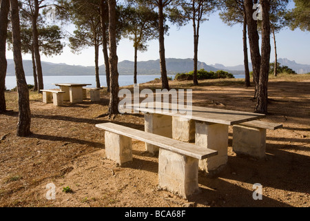 Panchine per picnic sotto gli alberi di mare a Cannigione, Sardegna Foto Stock