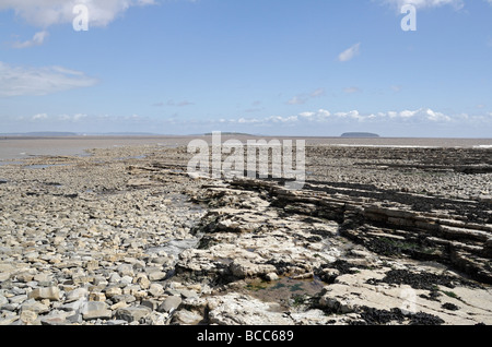 Lavernock Point alla bassa marea, Galles Regno Unito, costa gallese costa britannica vista panoramica della spiaggia e del cielo Foto Stock