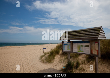 Il pannello delle informazioni presso Shell Bay sulla spiaggia Studland sul Studland penninsula come visto dalla strada principale, Dorset, Inghilterra Foto Stock