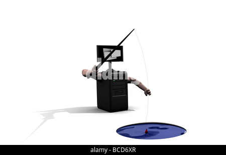 Illustrazione di un computer di inviare messaggi di posta elettronica di phishing per informazioni riservate quali i dati bancari. Foto Stock