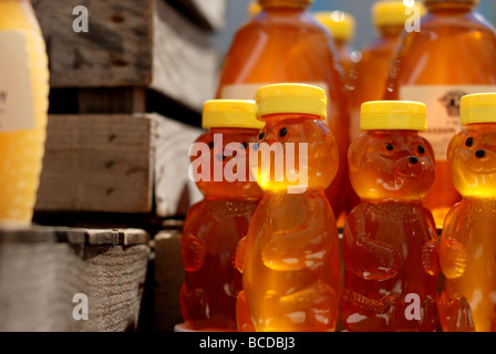 Colorata frutta e verdura ad Evanston Mercato degli Agricoltori. Honey Bear bottiglie Foto Stock