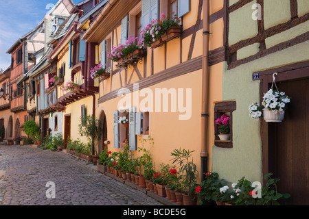La colorata Vecchia graticcio edifici su strette strade di ciottoli nel borgo medievale sulla strada del vino. Eguisheim Alsace Francia Foto Stock
