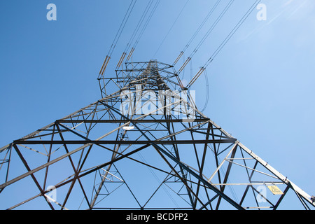 Elettricità pilone visto da sotto. Lee Valley riserva naturale, Lee Valley Regional Park, Londra, Inghilterra, Regno Unito Foto Stock