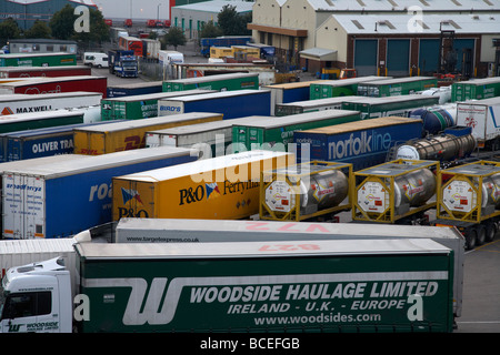 I container caricati su camion rimorchi per il proseguimento del trasporto nel porto di Belfast Belfast harbour Irlanda del nord Europa Regno Unito Foto Stock