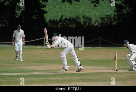 Azione nel Sussex League partita di cricket tra Findon e Slinfold a lungo Furlong terra ai piedi della South Downs Foto Stock