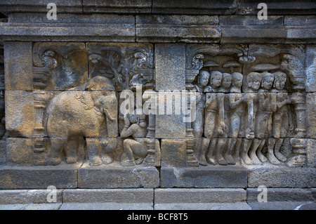 La parete della pietra che intaglia di Borobudur tempio buddista (IX sec.), il Sito Patrimonio Mondiale dell'UNESCO, Magelang, Java, Indonesia Foto Stock