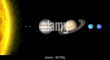 I pianeti del sistema solare dimensioni sono in scala ma relative distanze non sre Foto Stock