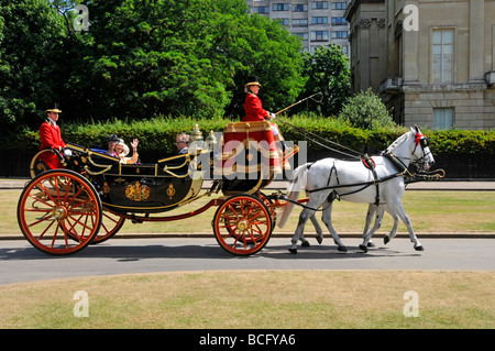 Coppia di cavalli grigi che disegnano carrozza aperta spesso visto trasportare dignities tra le ambasciate straniere e Buckingham Palace a Londra Inghilterra Regno Unito Foto Stock