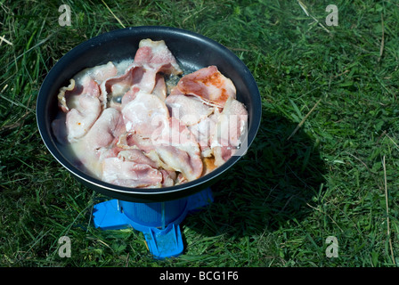 Bacon cottura in pentola afrying su un fornello da campeggio, seduto sull'erba Foto Stock