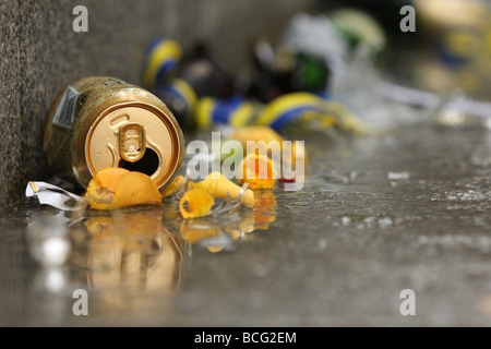 Beercans e lettiere sono a sinistra sulla strada dopo una festa Foto Stock