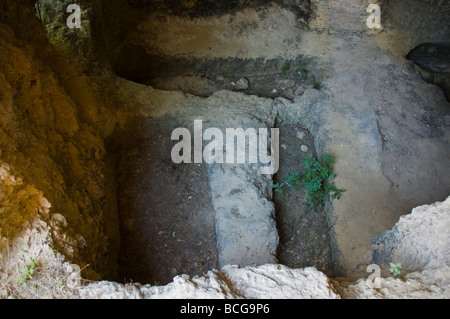 Tombe nel cimitero micenea intagliati da solida roccia intorno 1500BC a Mazarakata sull'isola greca di Cefalonia Grecia GR Foto Stock