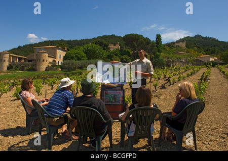 Insediato un gruppo di adulti sta ascoltando un parlare di vinificazione in un vigneto attorno a vini Gigondas denominazione Francia Foto Stock