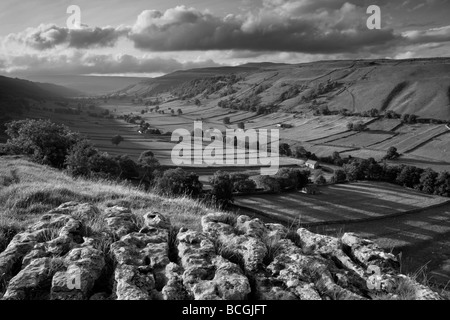 Un affioramento di pavimentazione di pietra calcarea con una vista lungo la linea a forma di u in valle di Wharfedale superiore nel Yorkshire Dales National Park Foto Stock