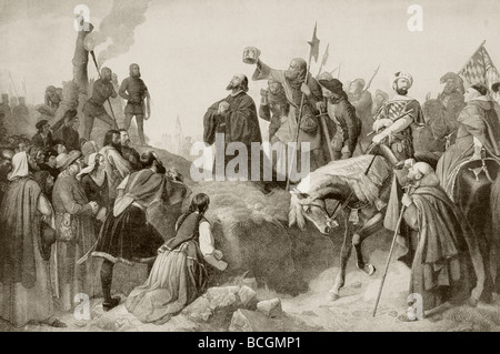 Jan Hus, nato intorno al 1372 e giustiziato il 6 luglio 1415. Sacerdote ceco e riformatore religioso, pregando di fronte al rogo dove sarà bruciato Foto Stock