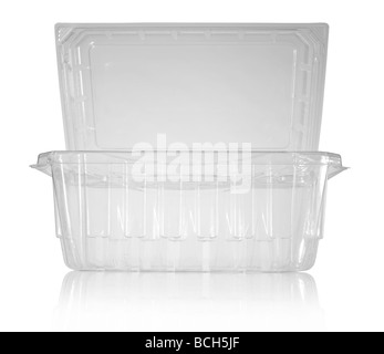 Contenitori in plastica trasparente con coperchio verde isolato su fondo  bianco. Un contenitore sul lato con un coperchio rivolto verso la lente.  Primo piano. Copia s Foto stock - Alamy