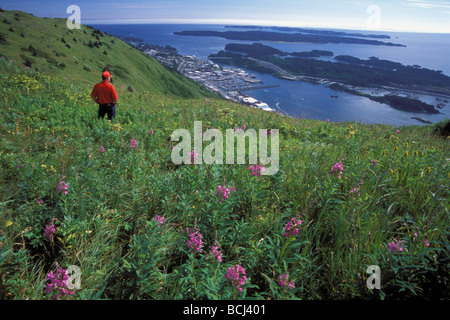 L uomo si affaccia Kodiak & Porto dalla cresta SW AK Estate Foto Stock