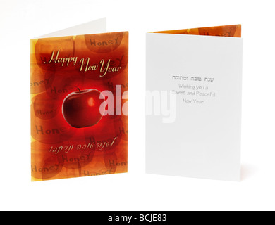 Rosh Hashanah ebraico di carte di Anno Nuovo miele e mele tradizionalmente consumato Foto Stock