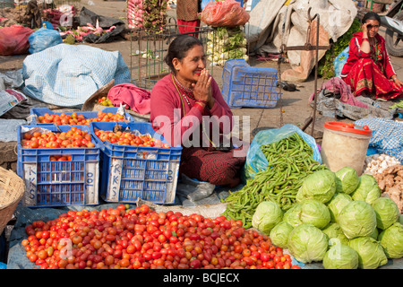 Kathmandu, Nepal. Vicinato mercato ortofrutticolo. Una donna fornitore offre un tradizionale Namaste saluto. Foto Stock