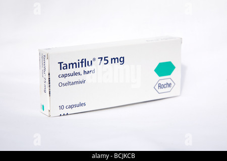 Una confezione di Tamiflu 75 mg compresse, uno dei medicinali prescritti a persone con sintomi. Foto Stock