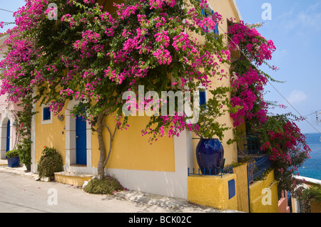 Case e appartamenti per vacanze ricoperta di bougainvillaea nel villaggio di Assos sull'isola greca di Cefalonia Grecia GR Foto Stock