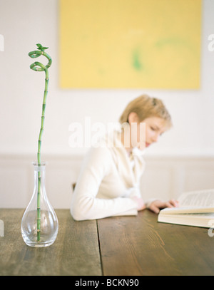 Donna seduta a tavola la lettura di libro, vaso con bambù in primo piano Foto Stock