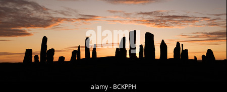 Callanish Stone Circle, Tramonto al solstizio d'estate, isola di Lewis, Ebridi Esterne, Scozia Foto Stock