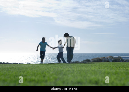 Tre bambini in tutta l'erba, tenendo le mani, mare sullo sfondo a piena lunghezza Foto Stock