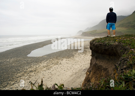 L uomo che si affaccia sulla spiaggia di nebbia a Carl G. Washburne stato Memorial Park - vicino a Firenze, Oregon, Stati Uniti d'America Foto Stock