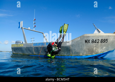 Scuba Diver facendo un ingresso posteriore per un tuffo nel nord della bretagna Foto Stock