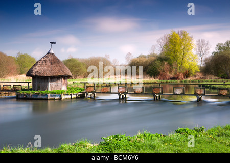 Con il tetto di paglia capanna di pescatori e anguilla trappole che attraversano il fiume nei pressi di prova Longtock Hampshire Inghilterra molla Aprile 2009 Foto Stock