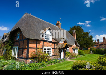 Pittoreschi cottage con tetto in paglia e il giardino di Longparish Hampshire Inghilterra molla Aprile 2009 Foto Stock