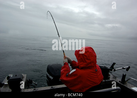 Donna che gioca il salmone in aperto oceano Pacifico durante il pesante di prima mattina scroscio di pioggia Haida Gwaii Foto Stock