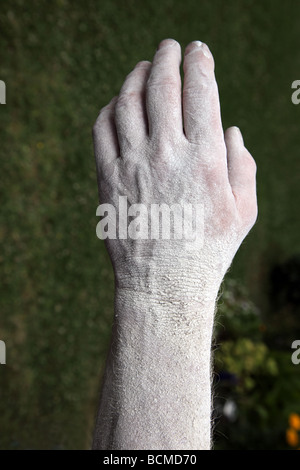 Operai mano coperti di polvere dopo intonacatura di una parete Foto Stock